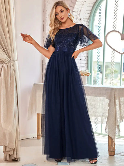 Round Neck Ruffle Sleeve Evening Gown
