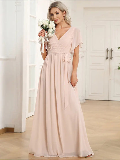 Elegant Evening dresses Deep V Neck Ruffles Sleeves Floor-Length Gown 2025 Ever pretty of Chiffon Dusty Rose Prom Women Dress