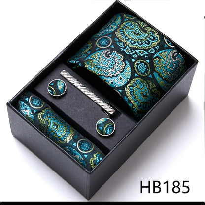 Top Grade Holiday Gift Box 7.5 cm Green Print Tie Pocket Squares Cufflink Set Gravatas Man Suit Accessories Fit Formal Party - BOC-WEAR