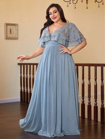 V-neck, double-layered shawl sleeves, chiffon, gold thread embroidery, large hem, bright silk long dress