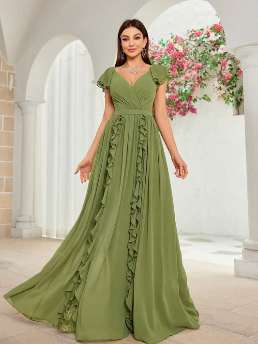 V-Neck Ruffled Lace Chiffon Evening Dress