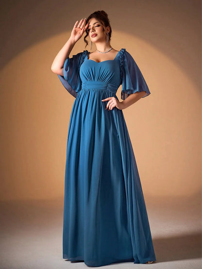 Mgiacy's new V-neck ruffled pleated pearl chiffon mid-sleeved wide-swing high-end evening dress
