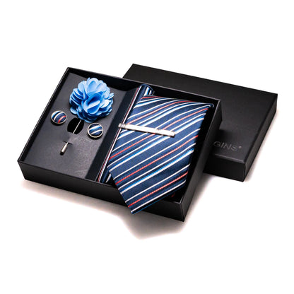 Navy blue Silk Necktie Paisley Floral Mens Tie Pocket Square Cufflinks Set Quality Business Wedding Birthday Gift Box Gravatas - BOC-WEAR