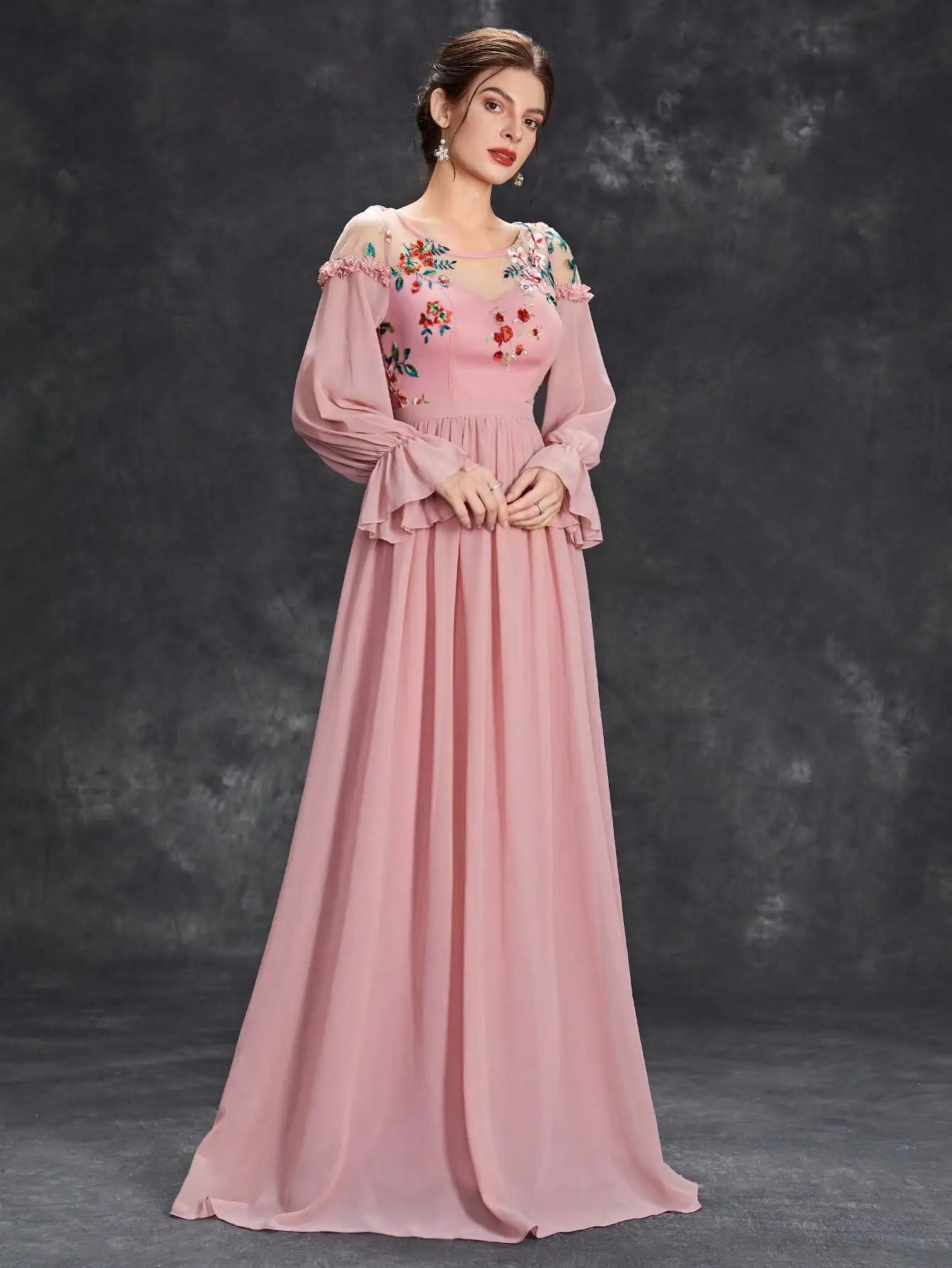 Embroidered Chiffon Long Sleeve Ball Dress