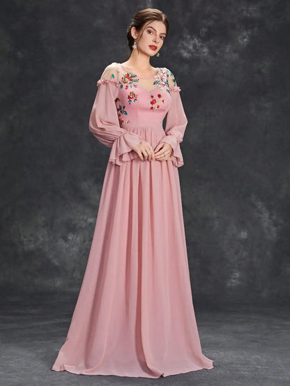 Embroidered Chiffon Long Sleeve Ball Dress