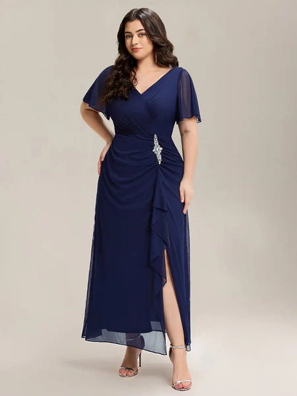 Plus Size Ruffled V-Neck Slit Maxi Dress