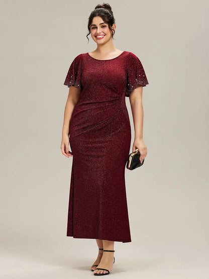 Plus Size Evening Dresses Short Sleeve Ruffle Beaded 2025 Ever Pretty of Fishtail Burgundy Maxi Evening Dresses
