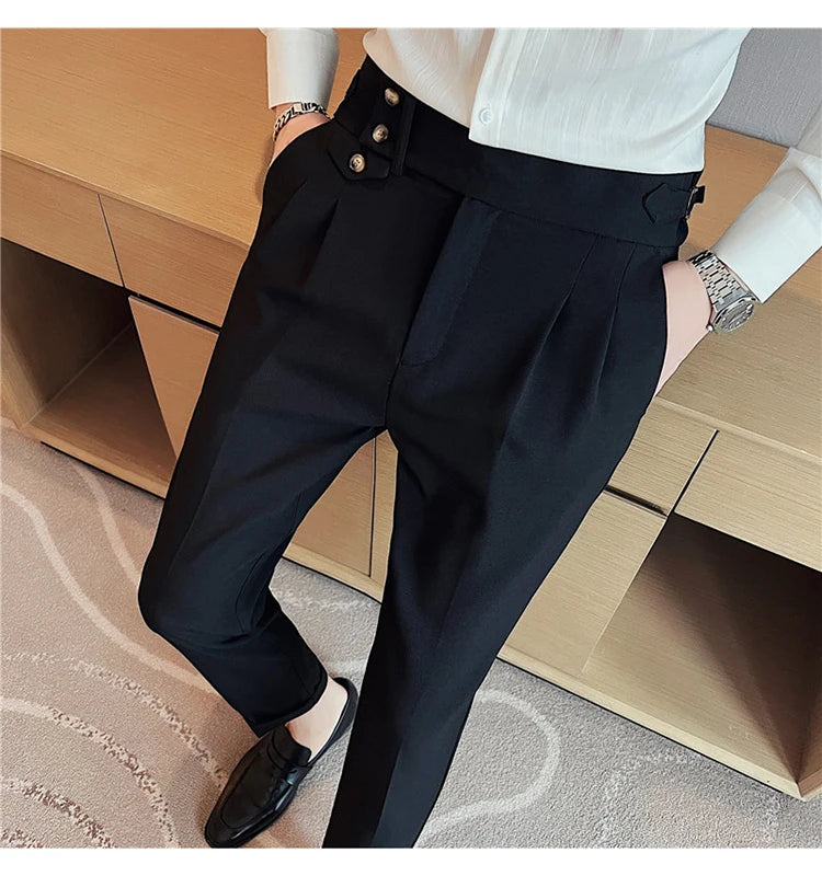 2025 Spring Autumn Men High Waist Belt Design Casual Slim Formal Dress Pant Men Social Office Wedding Party Dress Suit Pants