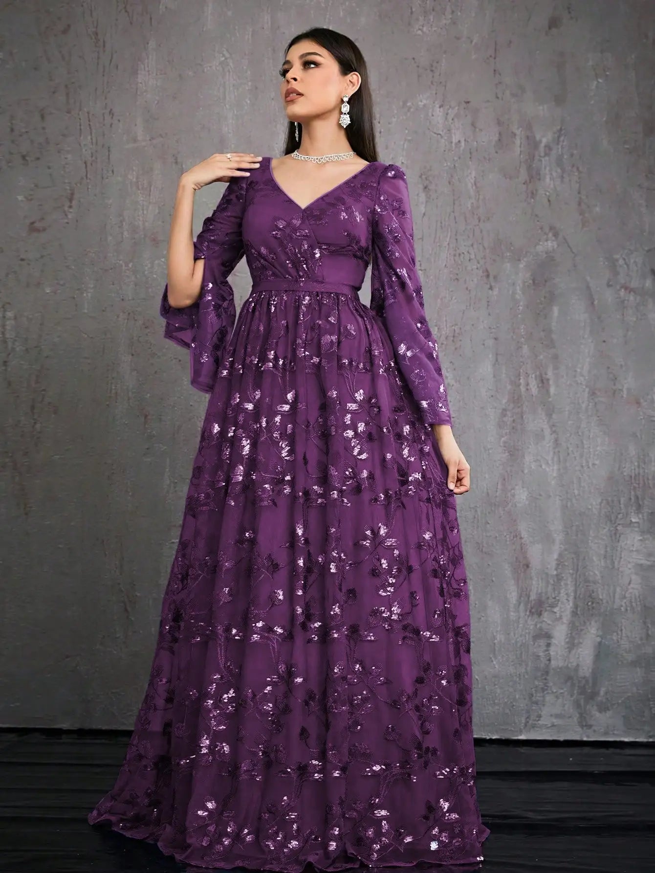 V-Neck Embroidered Sequin Slit Evening Dress