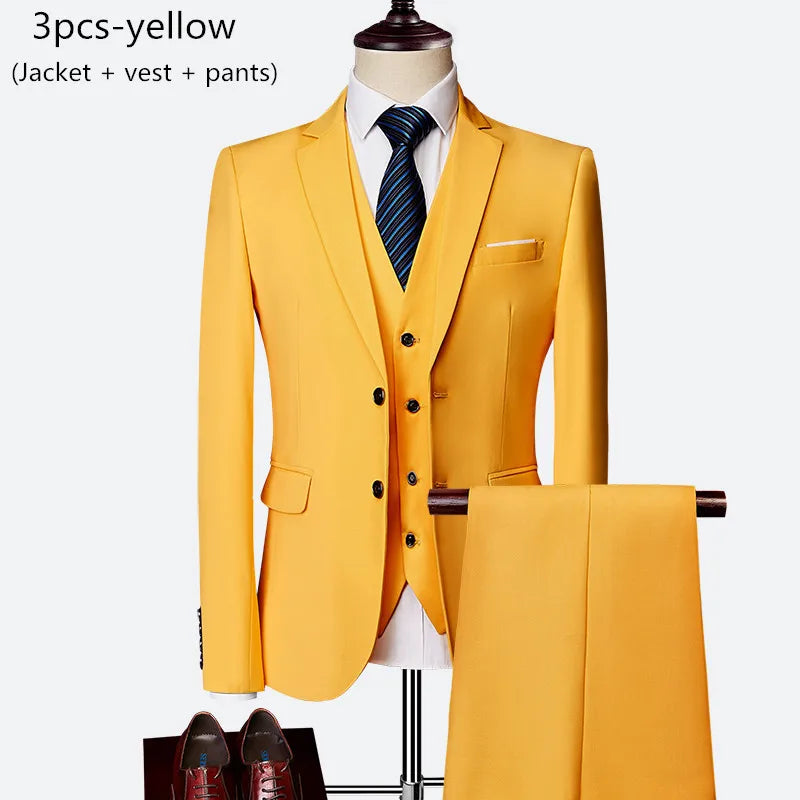 Luxury 3 piece men's wedding suit fashion men's slim solid color business office suit sets large size men Blazer+ pants + vest - BOC-WEAR