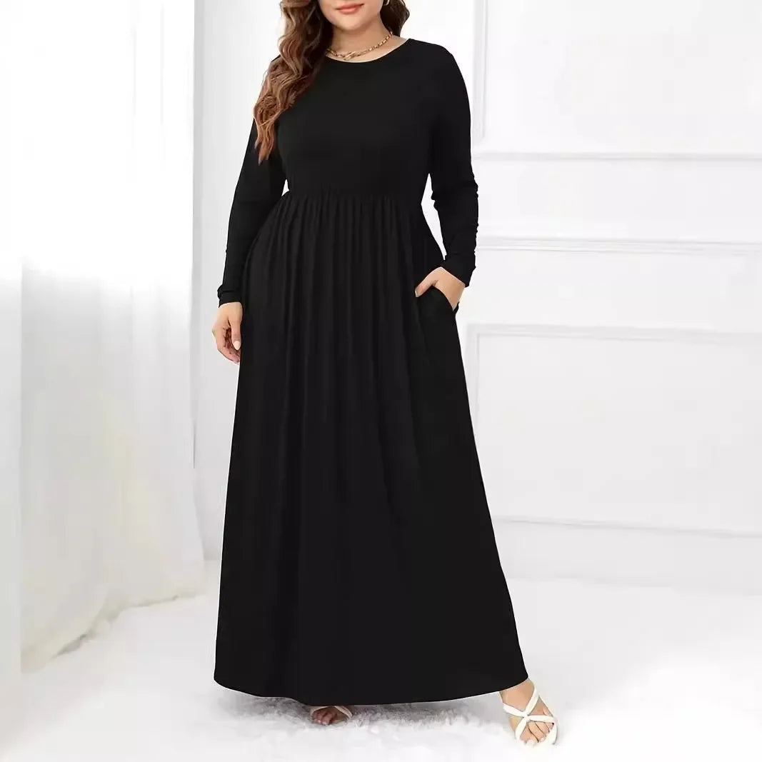 Plus Size Plus Size Solid Color Dress Casual Waist Cinched Long Sleeve round Neck Long Dress Comfortable Fashion Women's Clot... - BOC-WEAR