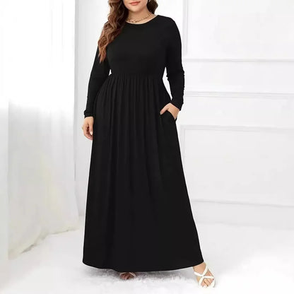 Plus Size Plus Size Solid Color Dress Casual Waist Cinched Long Sleeve round Neck Long Dress Comfortable Fashion Women's Clot... - BOC-WEAR