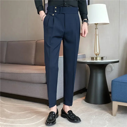 2025 Spring Autumn Men High Waist Belt Design Casual Slim Formal Dress Pant Men Social Office Wedding Party Dress Suit Pants