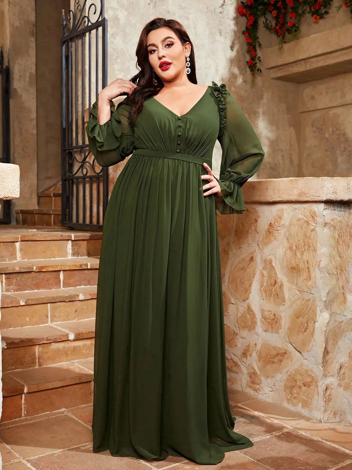 Plus Size Lantern Sleeve Chiffon Gown