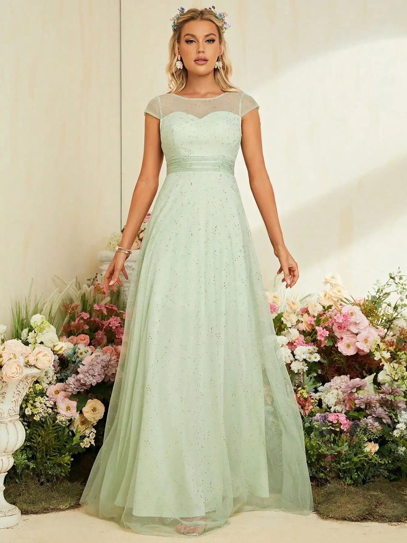 Gold Mesh Short Sleeve Evening Gown