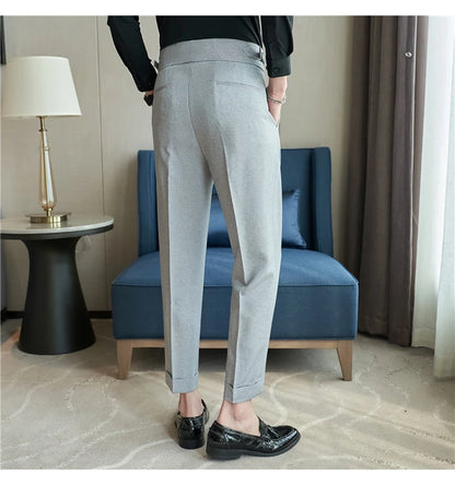 2025 Spring Autumn Men High Waist Belt Design Casual Slim Formal Dress Pant Men Social Office Wedding Party Dress Suit Pants