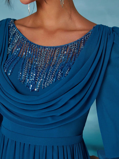 A high-end evening dress with a round neck, beaded flower edges, pearl chiffon, wrapped chest and flowing sleeves