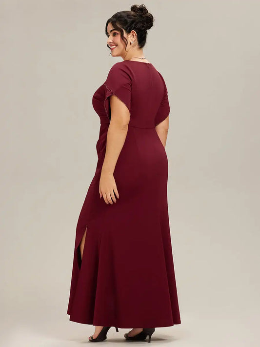 Plus Size Evening Dresses Short Sleeve Deep V-Neck Thigh-High Slit 2025 Ever Pretty of Fishtail knit Burgundy Bridesmaid dress