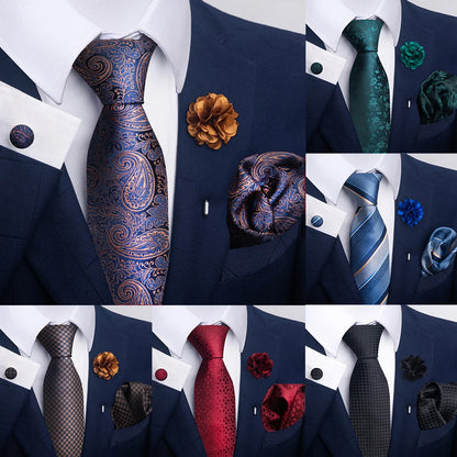 Luxury Men's Floral Tie Set - Black Gold Paisley Necktie with Pocket Square, Cufflinks & Brooch - BOC-WEAR