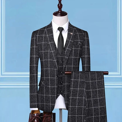 Suit Fashion Business Casual Gentleman Men's Italian Style Elegant Plaid Slim-Fit Formal 3-Piece Suit