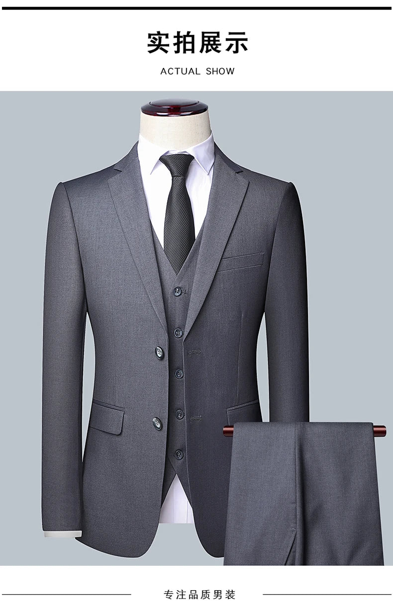 Suit Men Fashion  (Blazer+ Vest + Pants)  Business Wedding Work Casual Slim Professional Dress Groom Best Man Gentleman Suit - BOC-WEAR