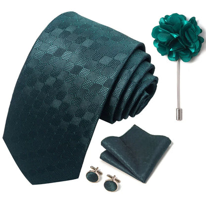 Luxury Men's Floral Tie Set - Black Gold Paisley Necktie with Pocket Square, Cufflinks & Brooch - BOC-WEAR