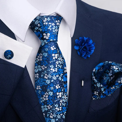 Luxury Men's Floral Tie Set - Black Gold Paisley Necktie with Pocket Square, Cufflinks & Brooch - BOC-WEAR