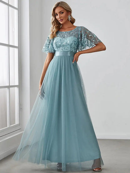 Round Neck Ruffle Sleeve Evening Gown