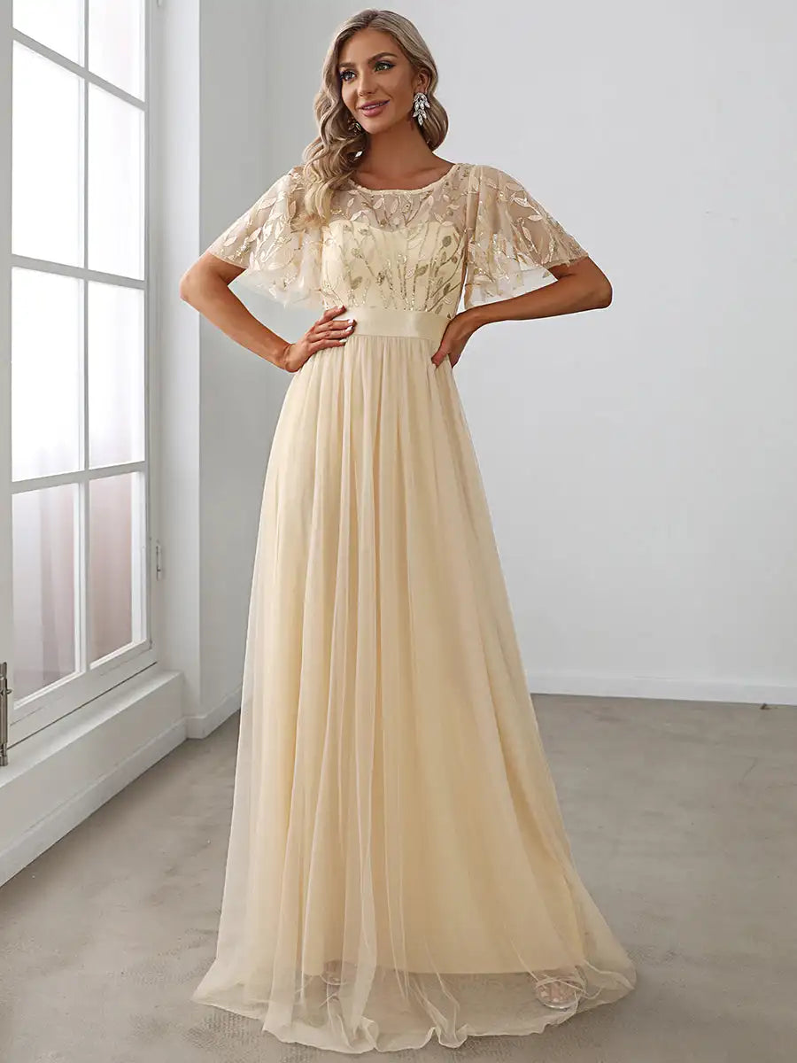 Round Neck Ruffle Sleeve Evening Gown