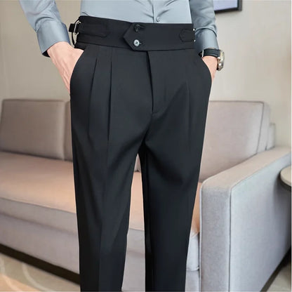 2025 Spring Autumn Men High Waist Belt Design Casual Slim Formal Dress Pant Men Social Office Wedding Party Dress Suit Pants