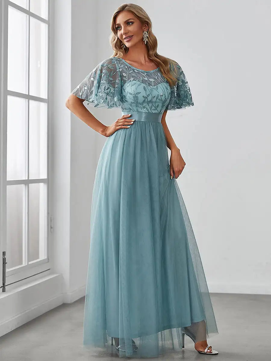 Round Neck Ruffle Sleeve Evening Gown