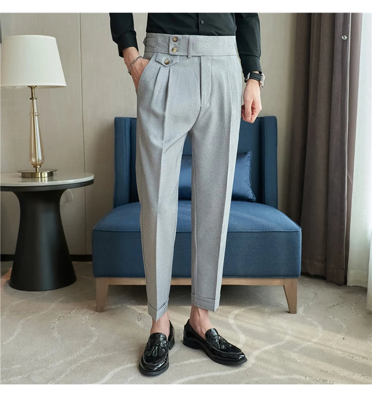 2025 Spring Autumn Men High Waist Belt Design Casual Slim Formal Dress Pant Men Social Office Wedding Party Dress Suit Pants