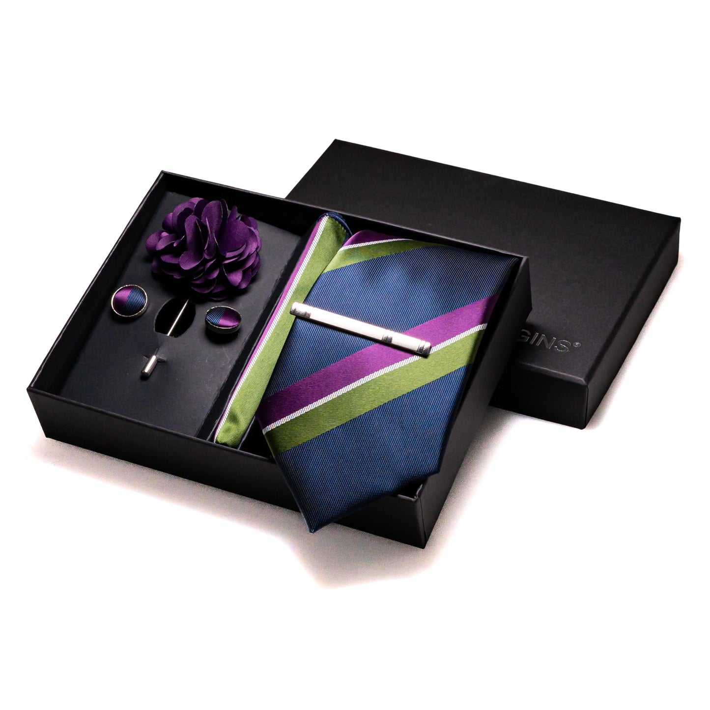 Navy blue Silk Necktie Paisley Floral Mens Tie Pocket Square Cufflinks Set Quality Business Wedding Birthday Gift Box Gravatas - BOC-WEAR