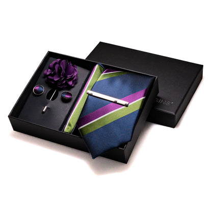 Navy blue Silk Necktie Paisley Floral Mens Tie Pocket Square Cufflinks Set Quality Business Wedding Birthday Gift Box Gravatas - BOC-WEAR