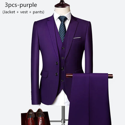 Luxury 3 piece men's wedding suit fashion men's slim solid color business office suit sets large size men Blazer+ pants + vest - BOC-WEAR