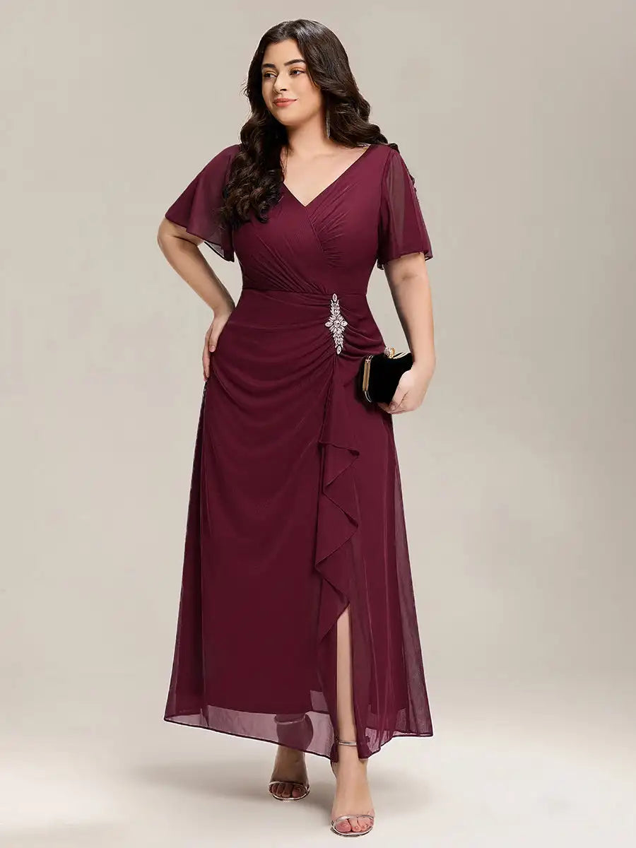 Plus Size Ruffled V-Neck Slit Maxi Dress