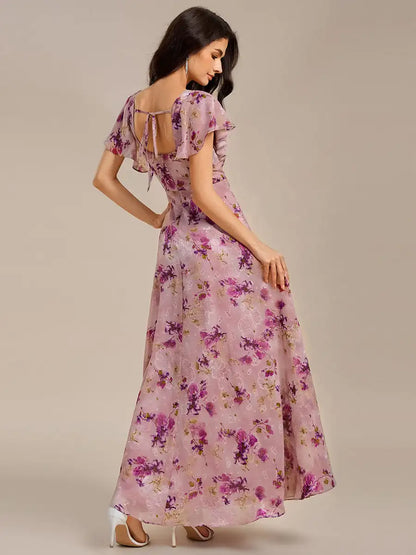 Elegant Evening Dress Short Sleeve Ruffle Backless Floor Length 2025 Ever Pretty of A-Line Light purple printFormal Dresses