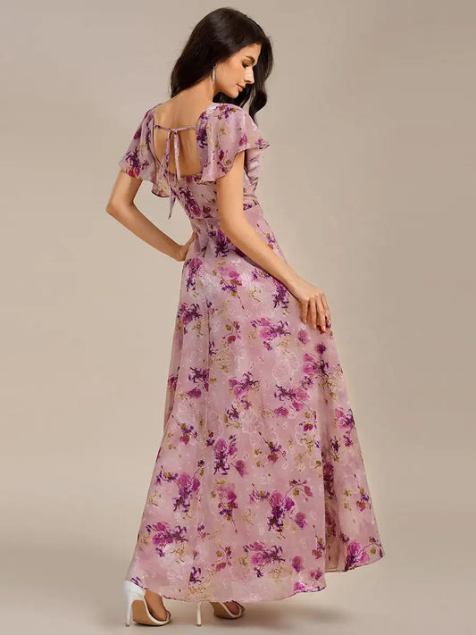 Elegant Evening Dress Short Sleeve Ruffle Backless Floor Length 2025 Ever Pretty of A-Line Light purple printFormal Dresses