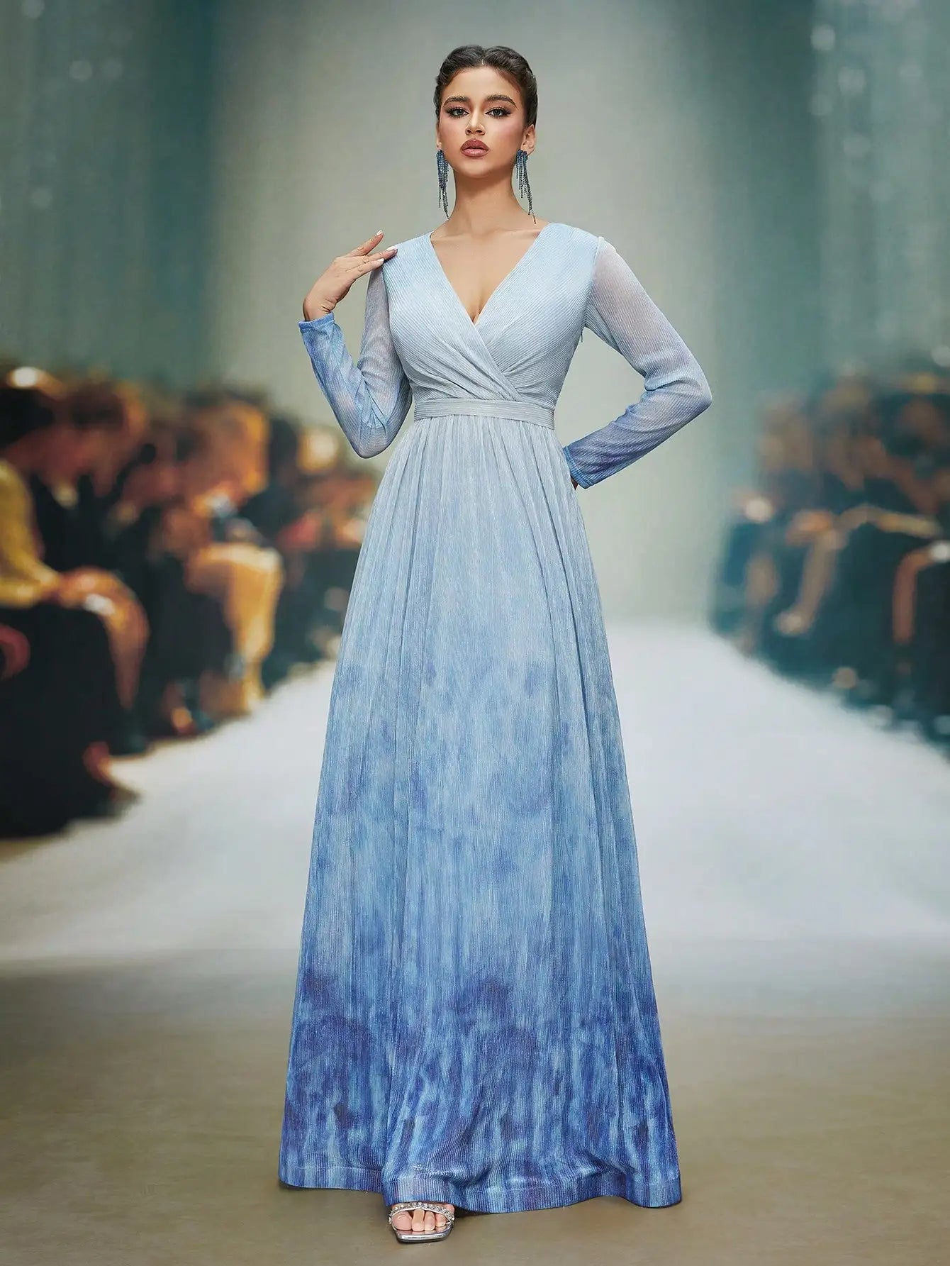 A V-neck, long-sleeved, irregularly folded, cross-printed, embossed, slide-shaped, and large-sleeved dress