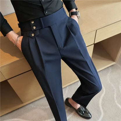 2025 Spring Autumn Men High Waist Belt Design Casual Slim Formal Dress Pant Men Social Office Wedding Party Dress Suit Pants