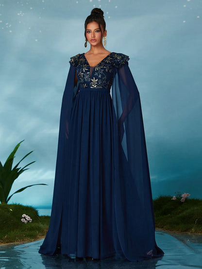 High-end evening dress with V-neck embroidered sequins, lotus leaf pearl chiffon and flappable sleeves