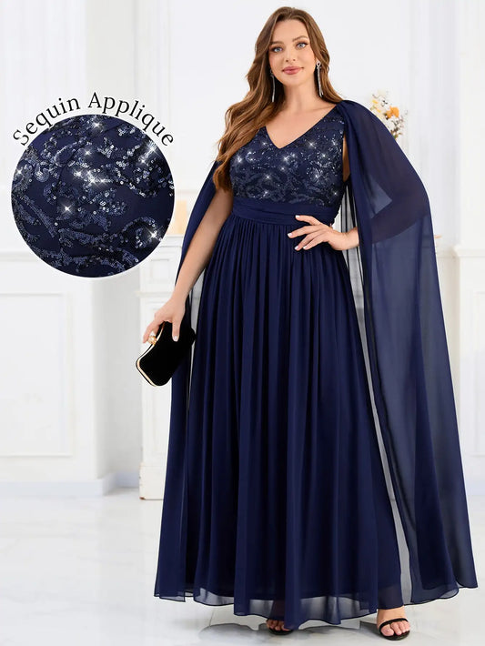 Gorgeous Evening Dress V Neck Long sleeves Sequin Applique Floor Length 2025 Ever Pretty of Navy Blue Bridesmaid Dresses