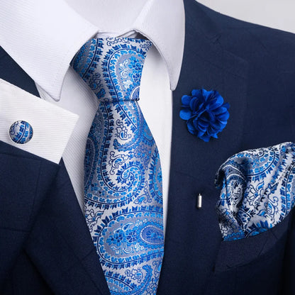 Luxury Men's Floral Tie Set - Black Gold Paisley Necktie with Pocket Square, Cufflinks & Brooch - BOC-WEAR