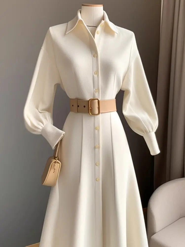 Women's Elegant White Shirt Dress - Korean Style A-Line Waist Cinching Dress for Work & Church - BOC-WEAR