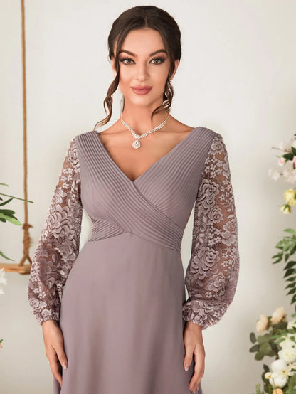 V-Neck Lace Lantern Sleeve Chiffon Dress