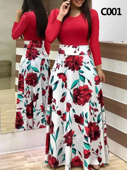 Women's Elegant Floral Maxi Dress - Retro Printed Long Sleeve Banquet Gown | S-5XL - BOC-WEAR