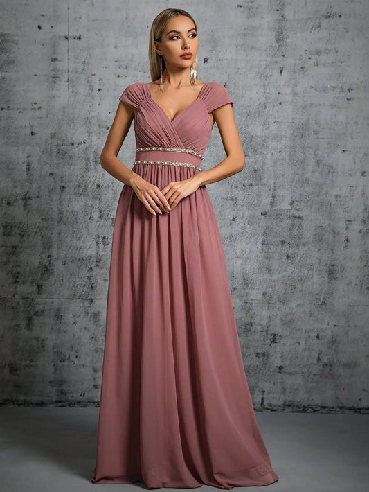 V-neck card shoulder folded colorful chain chiffon large swing party dress