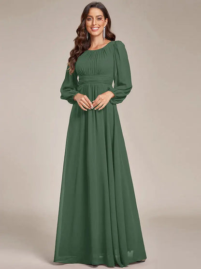 JAEL Classic Evening Dress - Round Neck A-Line Bridesmaid Dress with Lantern Sleeves