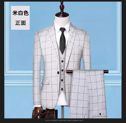 Suit Fashion Business Casual Gentleman Men's Italian Style Elegant Plaid Slim-Fit Formal 3-Piece Suit