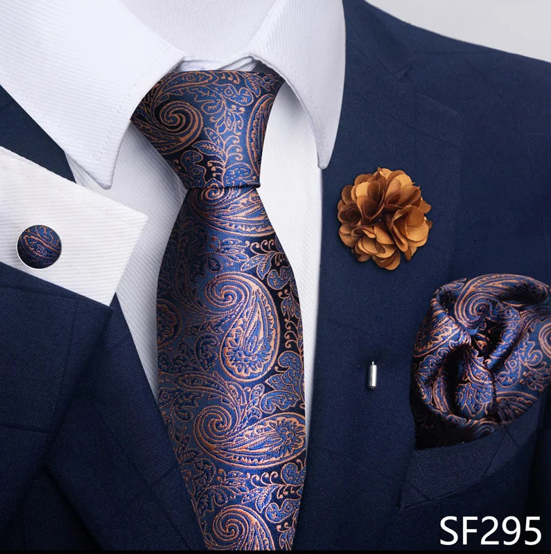 Luxury Men's Floral Tie Set - Black Gold Paisley Necktie with Pocket Square, Cufflinks & Brooch - BOC-WEAR